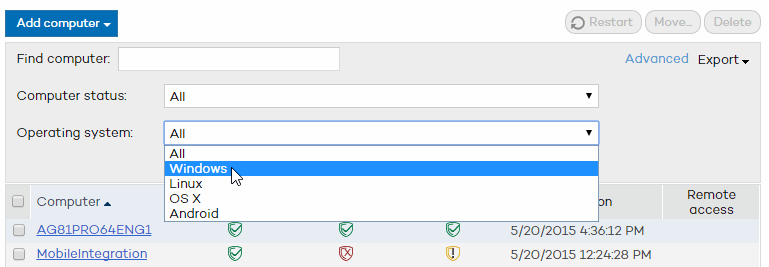 Adding and searching for protected computers