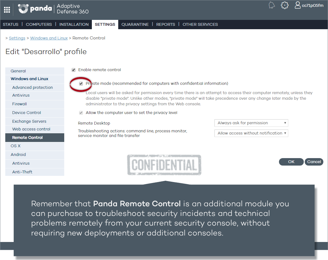 New private mode in Panda Remote Control