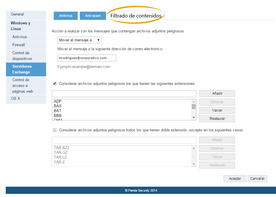 Filtrado de Contenidos para protecciones Exchange